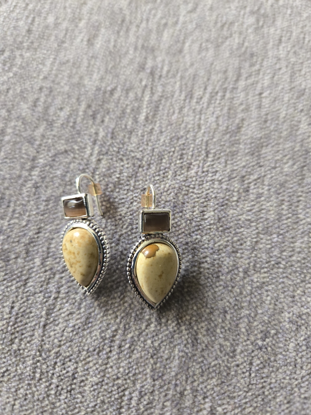 Silver Teardrop Beige Stone Earrings